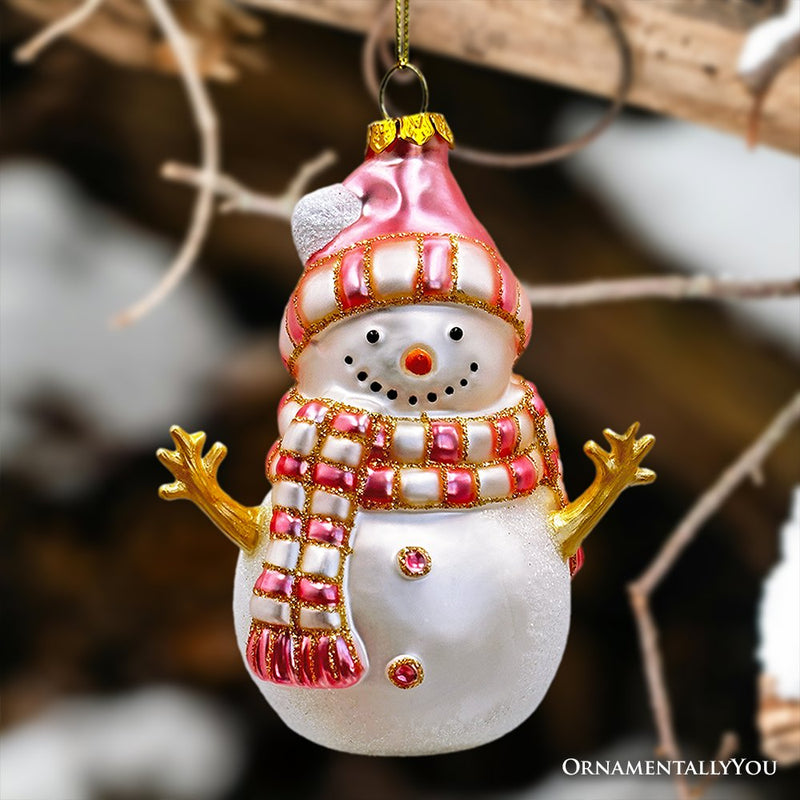 Pink Snowman Glass Ornament, Eclectic Christmas Tree Decor