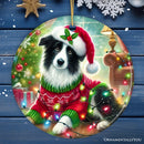 Playful Border Collie with Santa Hat Ornament, Festive Canine Christmas Decor