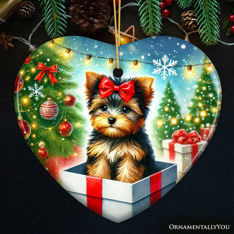 Precious Yorkshire Terrier Christmas Gift Ornament, Sweet Holiday Scene Decor