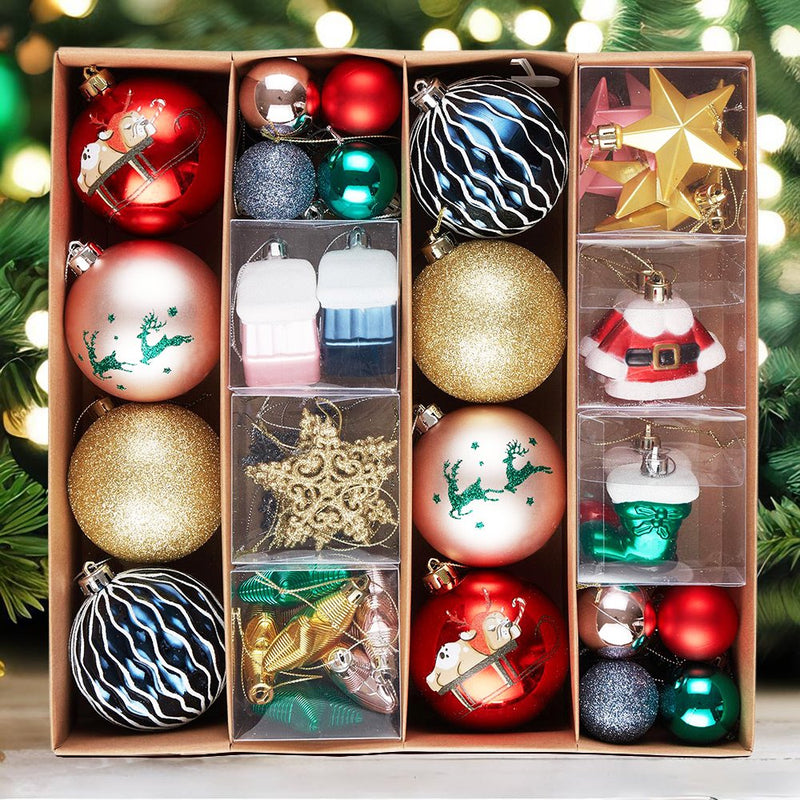 Premium Christmas Ornament Eclectic Bundle Set, 60 Glitter Filled Baubles, Homes, Star Charms