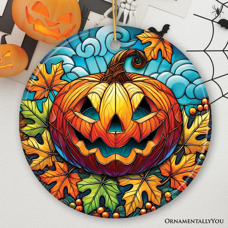 Pumpkin Spice and Crispy Leaves Stained Glass Style Ceramic Ornament, Halloween Themed Christmas Gift and Decor