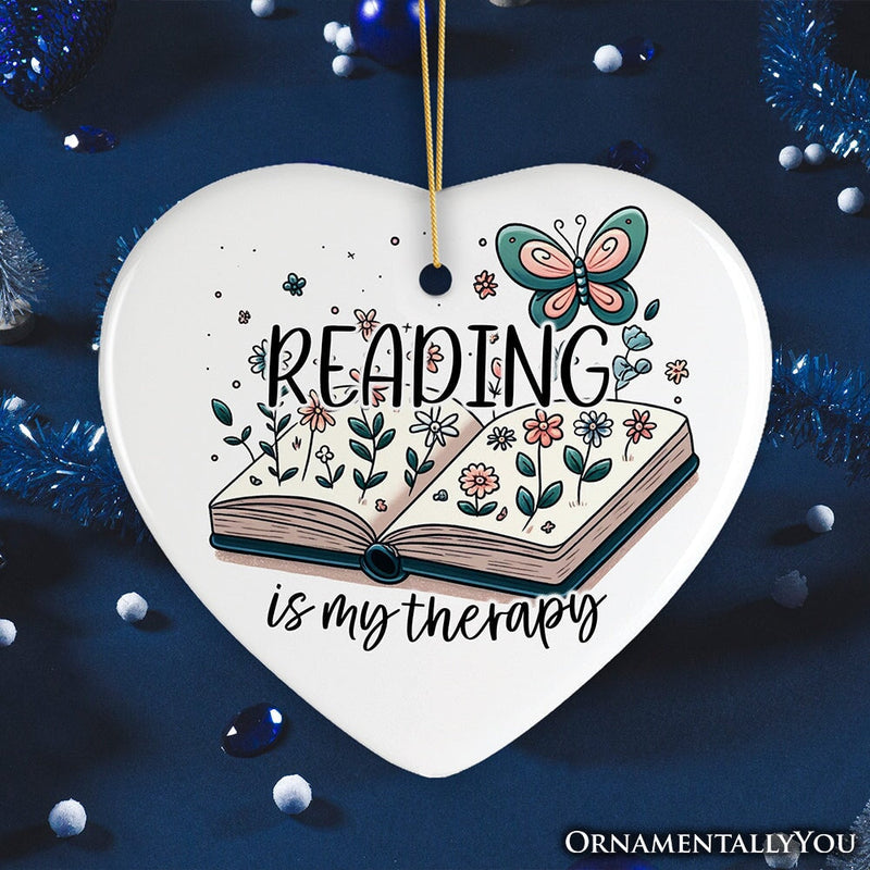 Reading is my Therapy Whimsical Ceramic Ornament, Book Lovers Christmas Gift