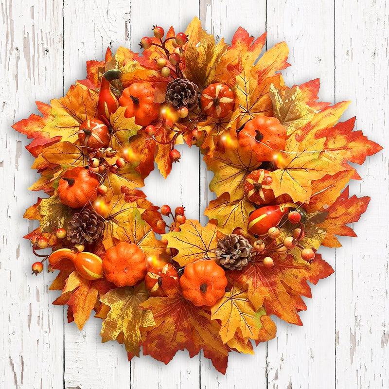 Rustic Harvest Illuminated 24" Fall Wreath, Lighted with Maple Leafs, Pinecones, Pumpkins and Autumn Berries