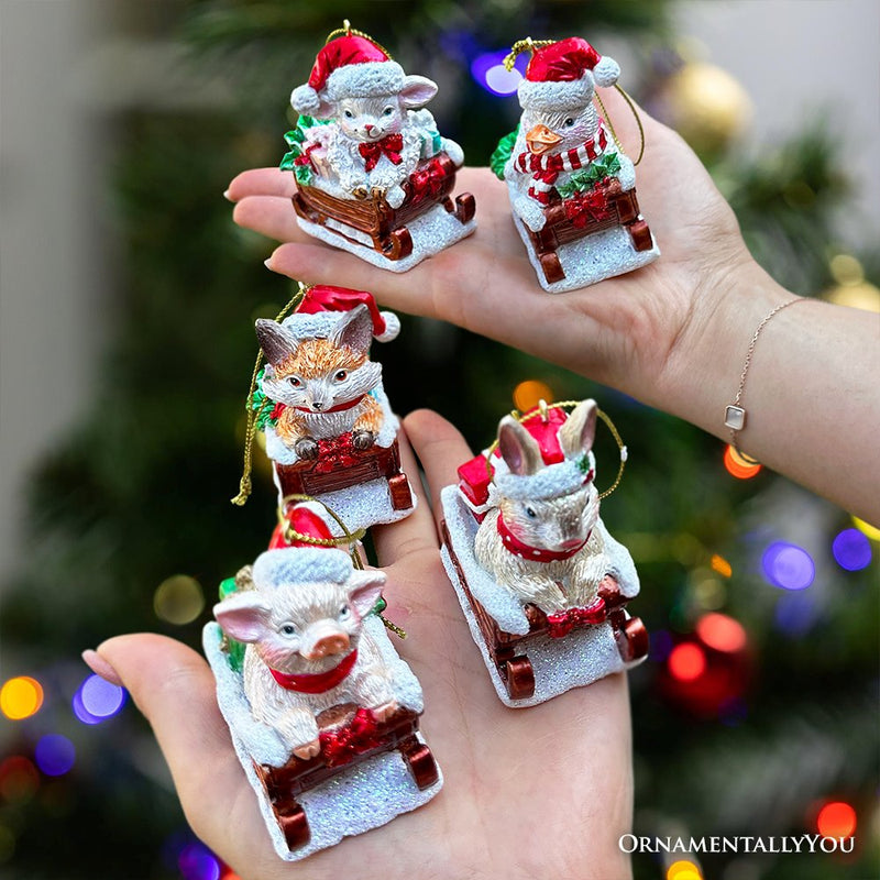 Sleigh-Borne Animal Ensemble Set of 5 Christmas Ornaments, Horse, Goat, Pig, Donkey, and Duck