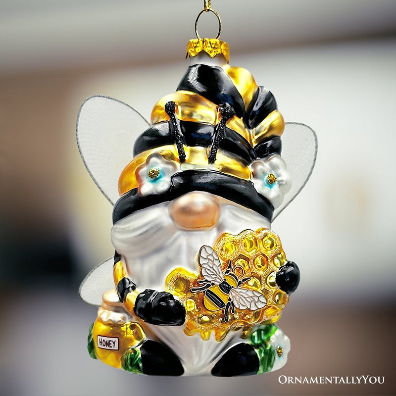 Sparkling Bee Gnome Glass Christmas Ornament, Bumblebee Themed Holiday Decor