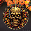 Spine-Chilling Haunting Skull Stained Glass Style Ceramic Ornament, Halloween Themed Christmas Gift and Decor