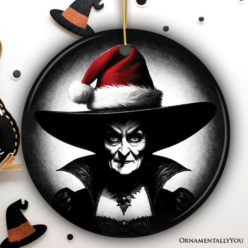 Spooky Witch with Santa Hat Ceramic Ornament, Halloween Themed Christmas Gift and Decor