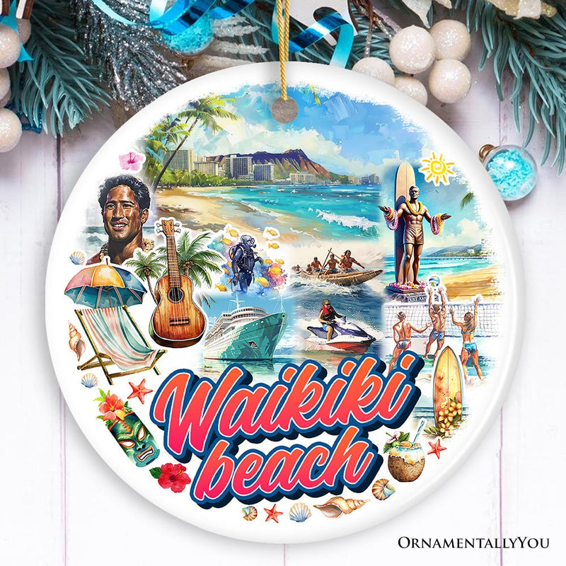 Waikiki Beach Hawaiian Paradise Ornament, Pacific Island Cultural Christmas Gift and Souvenir