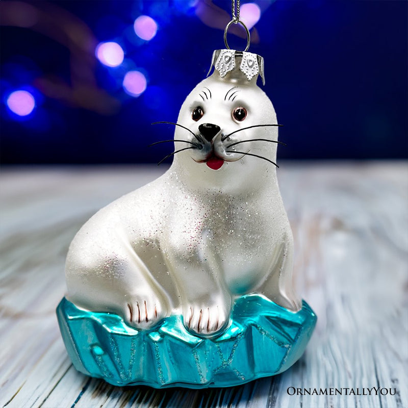 White Seal on a Glacier Glass Christmas Ornament, Pinnipeds and Sea Lion Themed Decor