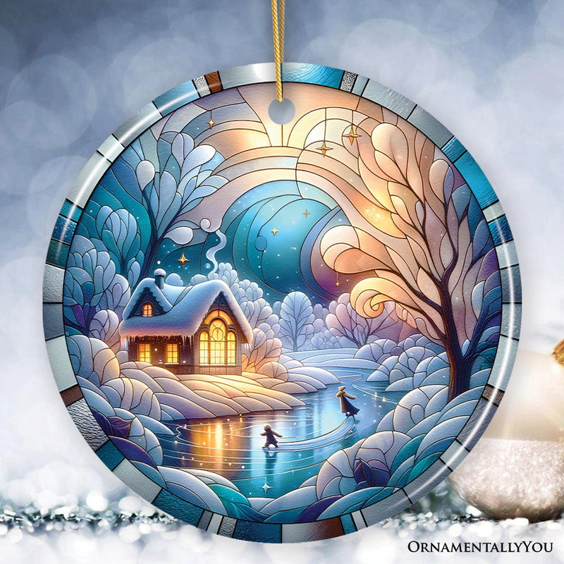 Magical Winter Lake Cabin Ceramic Christmas Ornament, Stained Glass Theme Tree Decor