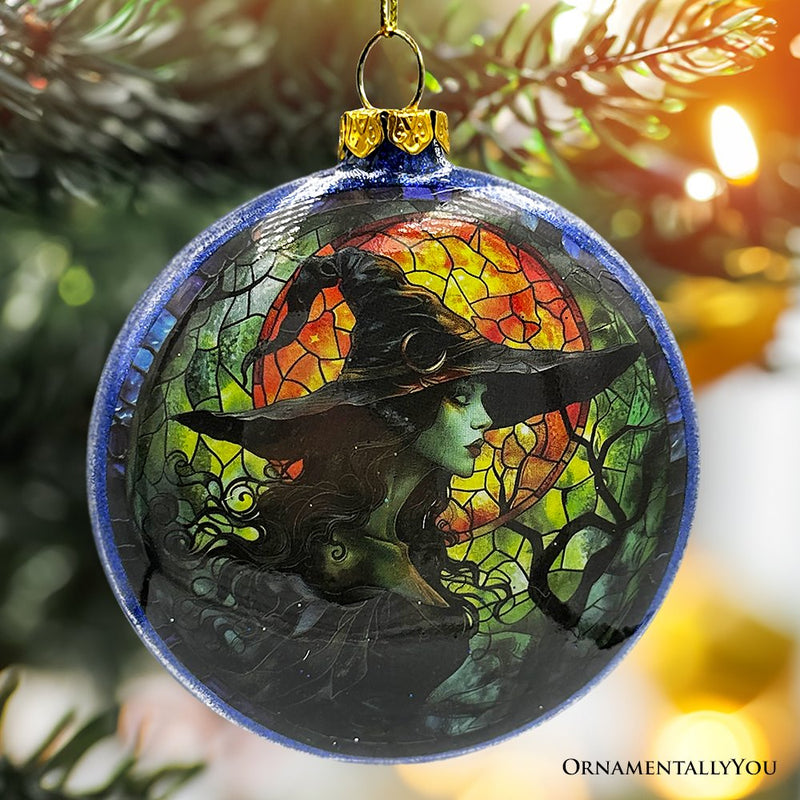 Witch and Black Cat Stained Glass Handblown Ornament, Spooky Halloween and Christmas Tree Decor