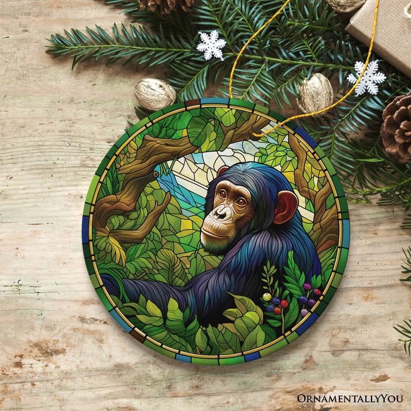 A Primate Safari Chimpanzee Stained Glass Style Ceramic Ornament, African Animals Christmas Gift and Decor