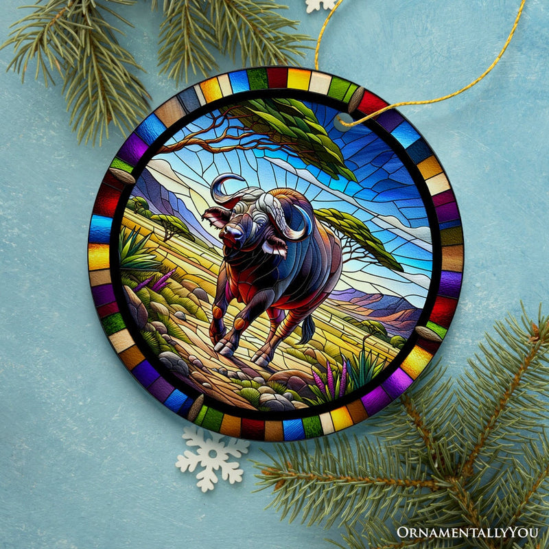 African Buffalo Wildlife Encounter Stained Glass Style Ceramic Ornament, Safari Animals Christmas Gift and Decor