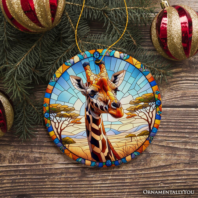 African Giraffe Stained Glass Style Ceramic Ornament, Safari Animals Christmas Gift and Decor