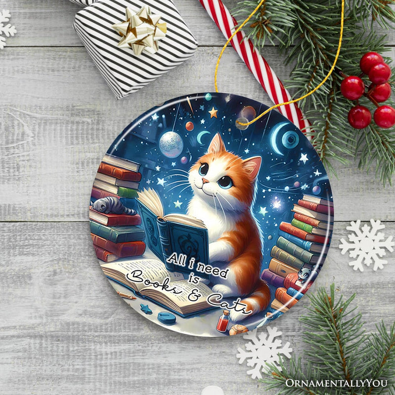 All I Need is Books & Cats Ceramic Ornament, Book Lover Gift of Imagination and the Universe