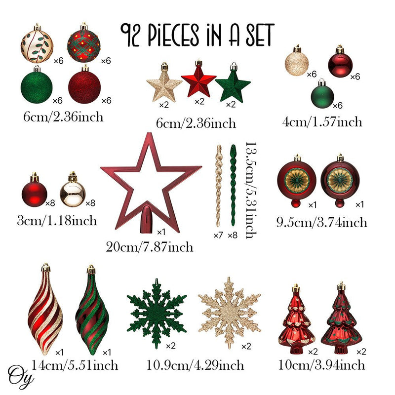 Alluring Large Christmas Ornament Set, Unique Red Green and Gold Baubles, 92 Charms and Snow Covered Trees with Dark Red Tree Topper