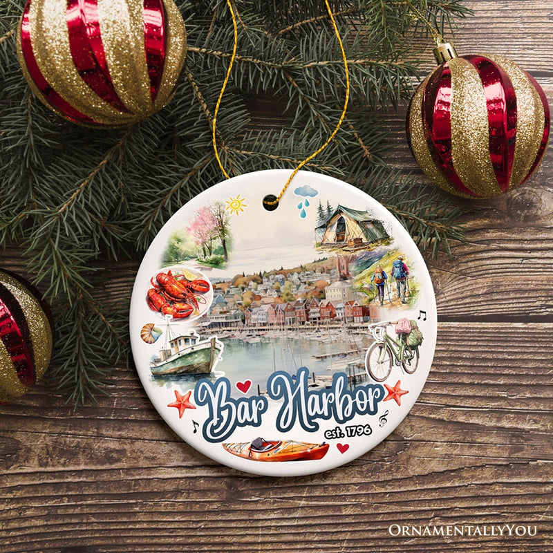 Artistic Bar Harbor Christmas Ornament, Maine Souvenir and Gift with Lobster and Acadia Art