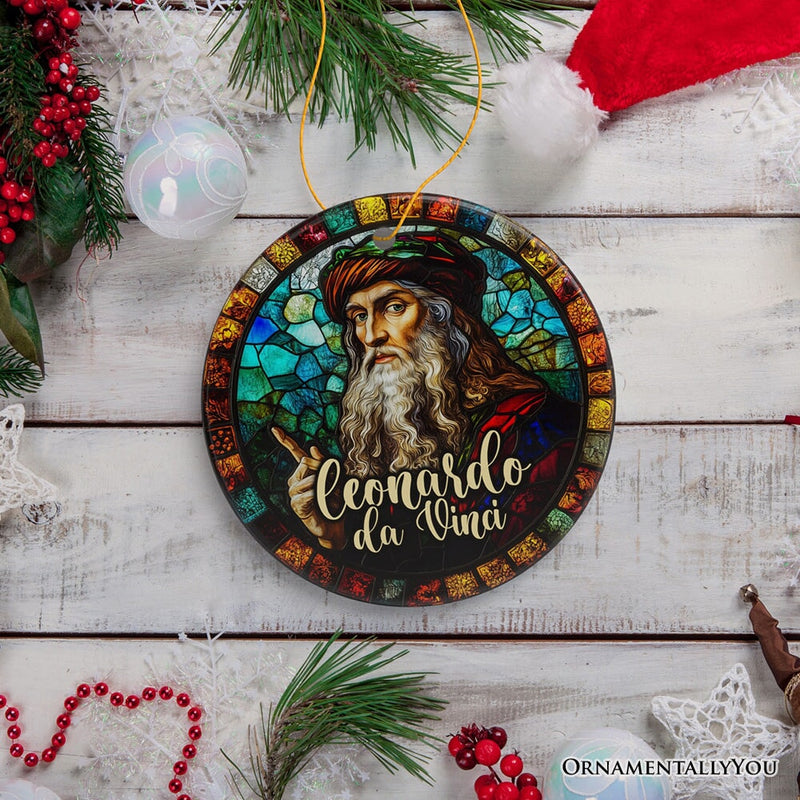 Artistic Leonardo da Vinci Self-Portrait in Stained Glass Themed Christmas Ornament, Medieval Renaissance Italy Keepsake