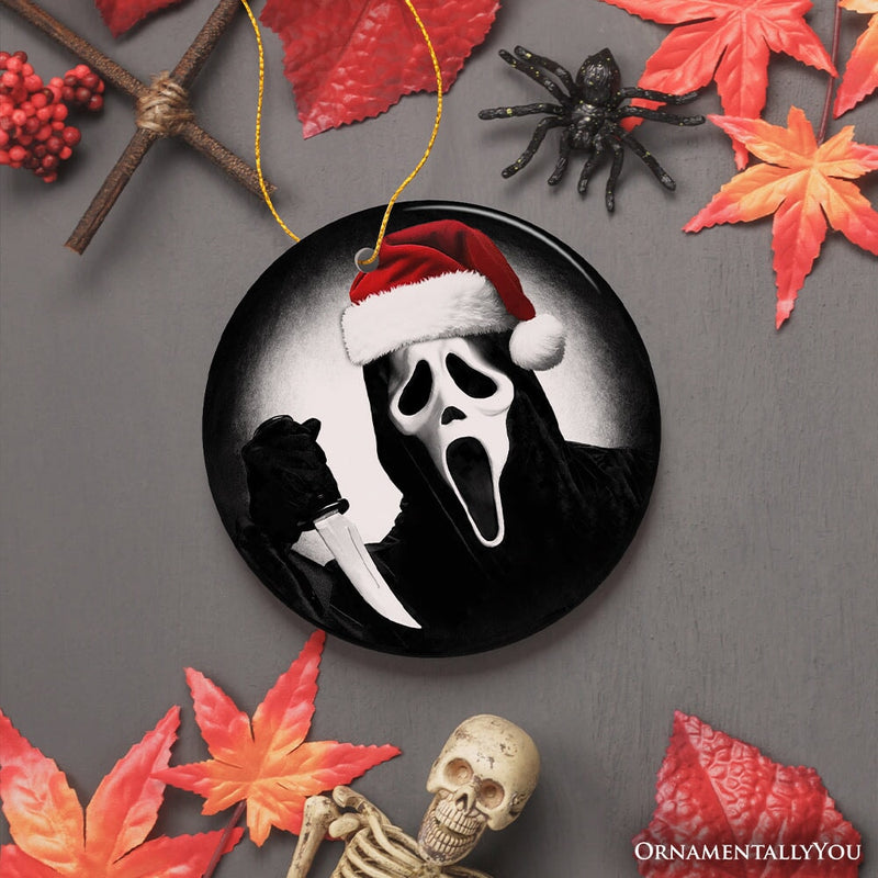 Bone Chilling Scarface Mask With Santa Hat Ornament, Nightmarish Christmas Gift for Halloween Tree