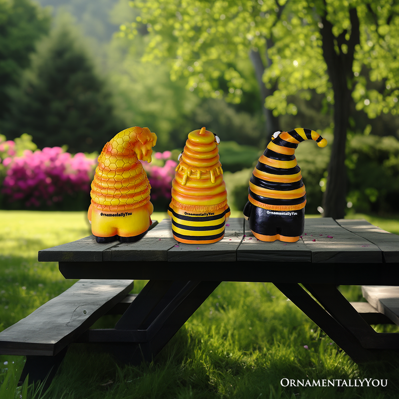 Buzzy Trio Set of Three Bumble Bee Gnome Figurines, 6" Tiered Tray Home or Garden Decoration