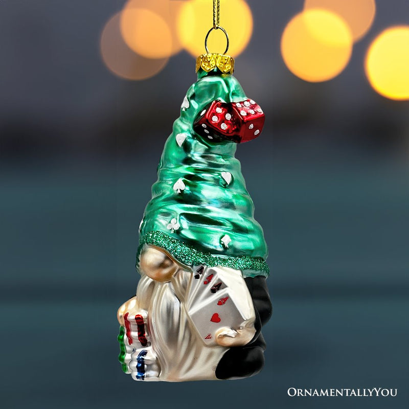 Casino Poker Gnome Glass Ornament, Cute Christmas Gambler