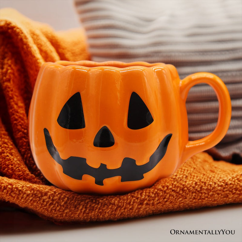 Classic Jack O' Lantern Ceramic 4" Pumpkin Mug, Halloween Drinkware and Spooky Fall Decor