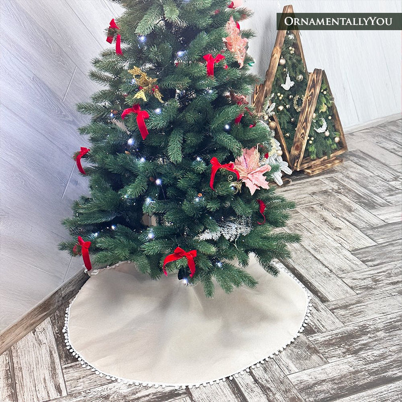Cream Colored Pom Pom Christmas Tree Skirt