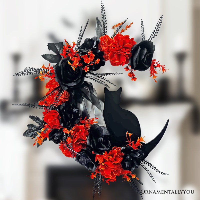 (Pre-Order) Crescent Moon Floral Black Cat Wreath, 20" Black and Orange Halloween Door Decoration