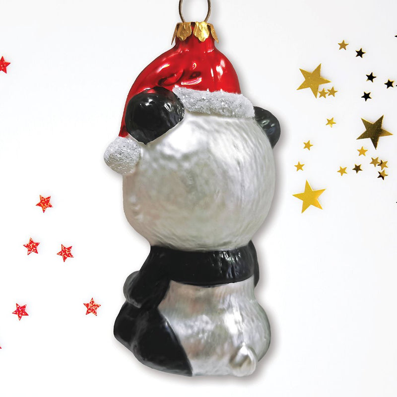 Cute Panda with Santa Hat and Gift Blown Glass Christmas Ornament