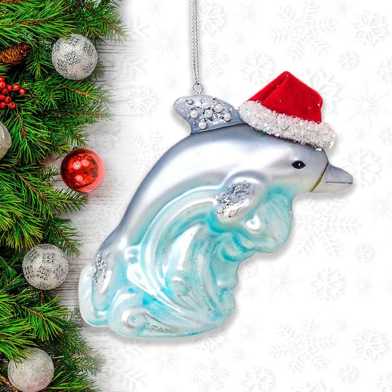 Dolphin and Ocean Wave Glass Christmas Ornament