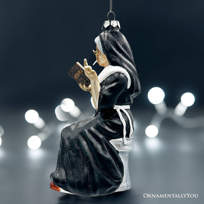 Eccentric Gothic Smoking Nun Glass Ornament, Unique Halloween and Emo Home Decor