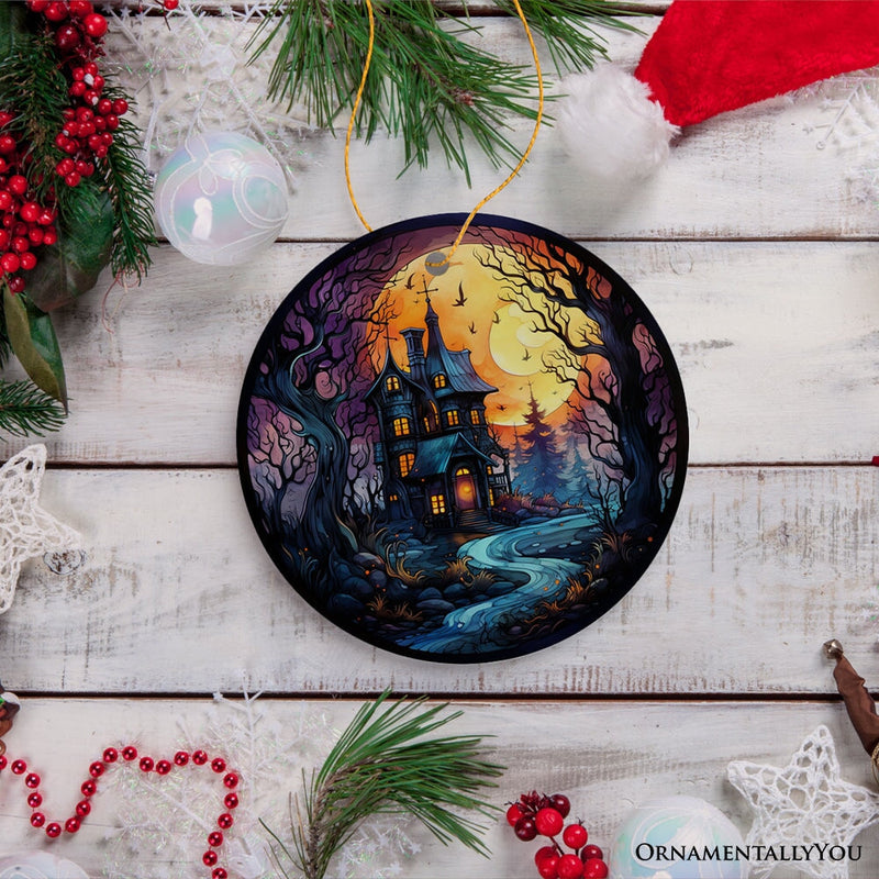 Eerie Abode Amidst Spooky Trees Stained Glass Style Ceramic Ornament, Halloween Themed Christmas Gift and Decor