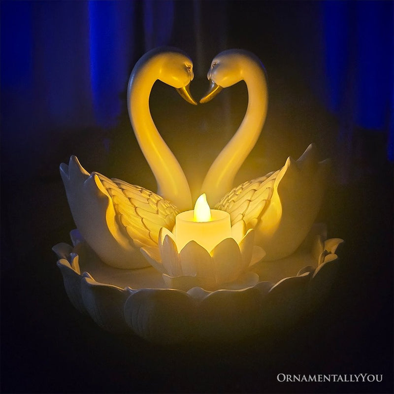 Elegance in Union Swan Figurine and Tealight Candle, 7" Romantic Couples Gift for Valentine or Anniversary