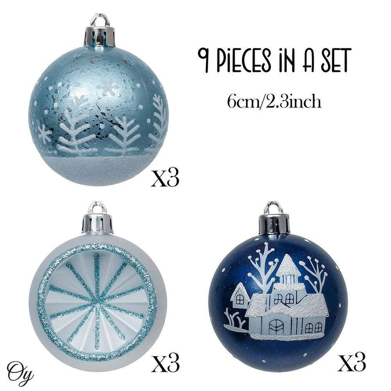 Elegant Blue Winter Theme Christmas Ornament Bundle, 9 Piece Snow and Tree Baubles