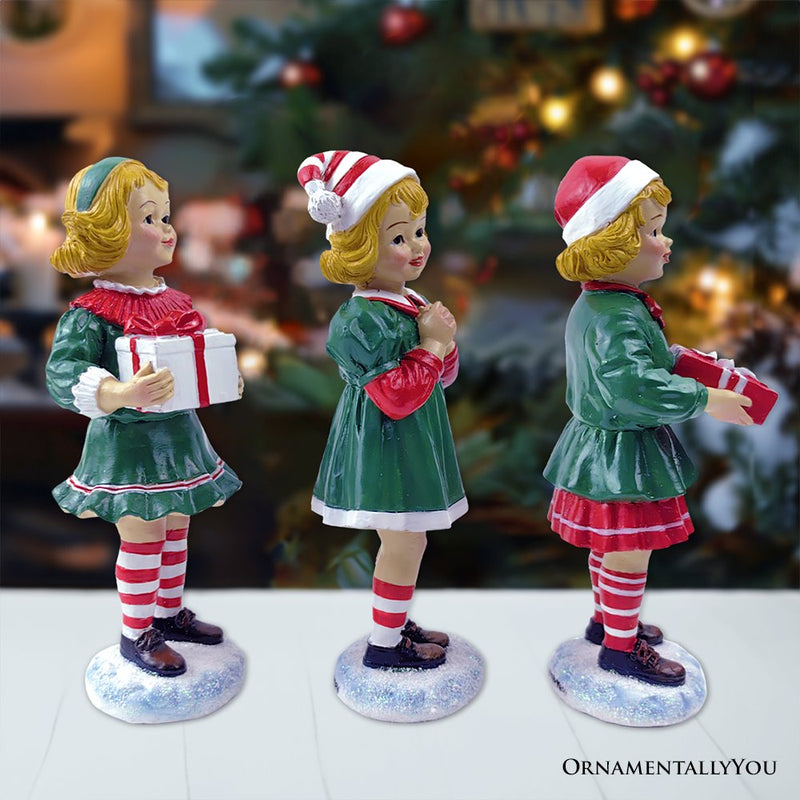 (Pre-Order) Elegant Victorian Christmas Girl Set of Three Figurines, 6" Holiday Home Decor