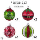 Elf Theme Christmas Ornament Set, 9 Baubles Green and Red