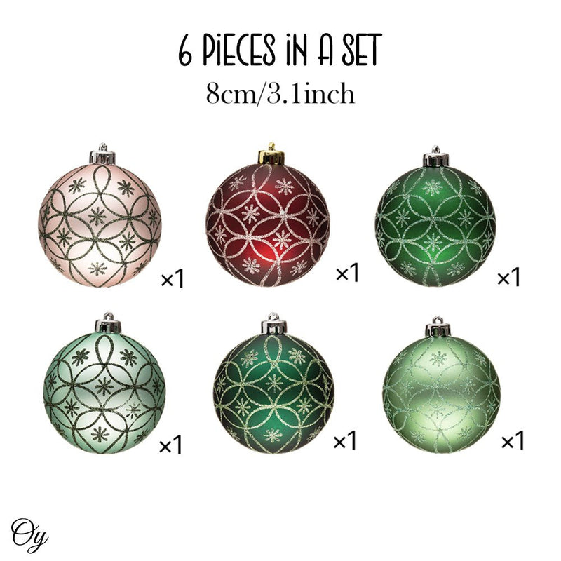 Enchanting Subtle Nature Ornament Bundle, Set of 6 Pine Green, Light Green, Mint Green, Pink and Matte Red Baubles