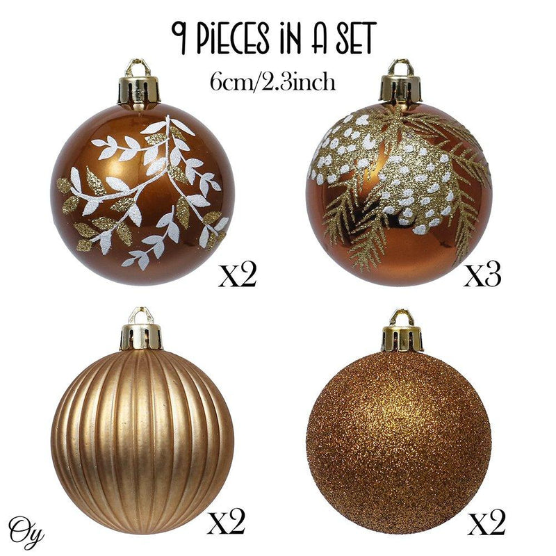 Fall Inspired Bronze Gold 9 Piece Christmas Ornament Bauble Bundle