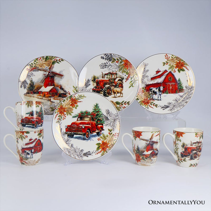 Farmhouse Christmas Set of 4 Plates with Real Gold Elements, Holiday Tableware Collection for Salad, Dessert, Appetizer, and Side Plates