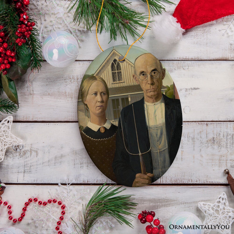 Grant Wood American Gothic Art Ceramic Ornament, Famous Painting Christmas Decoration Souvenir