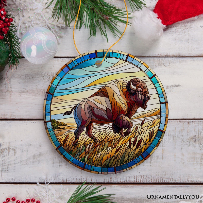 Great Plains Bison Stained Glass Themed Ceramic Ornament, Nature of the American Wild West