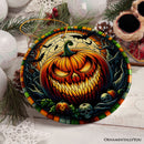 Grim Grinning Gourd Pumpkin Decor Stained Glass Style Ceramic Ornament, Halloween Themed Christmas Gift