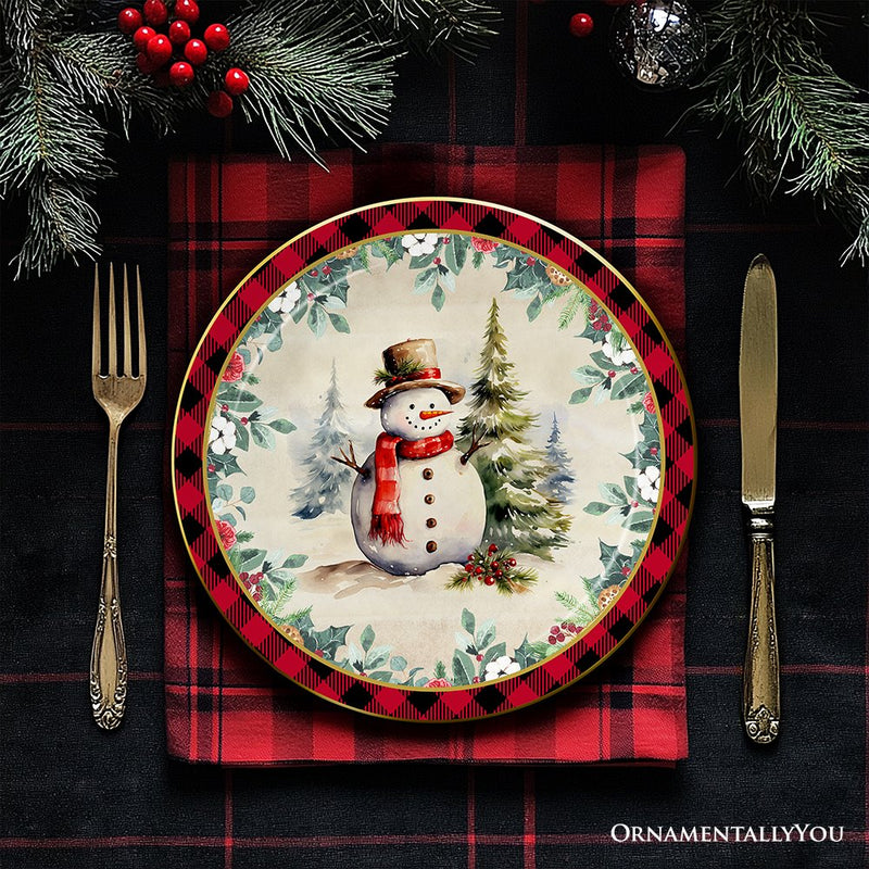 Decor Steals Special -  Holiday Cheer Set of 4 Plates with Real Gold Plaid Trim, Christmas Tableware Collection for Salad, Dessert, Appetizer, and Side Plates