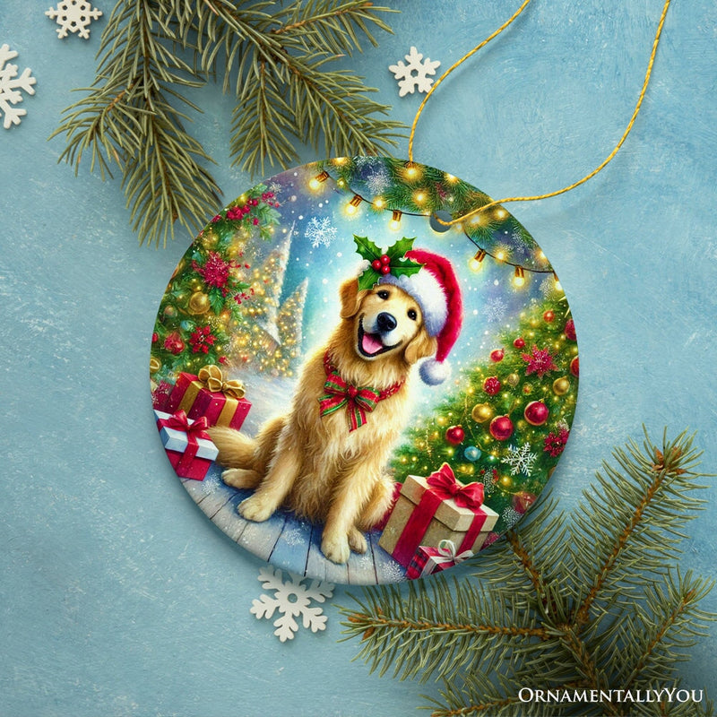 Majestic Golden Retriever with Santa Hat Ornament, Delightful Christmas Gift and Decor