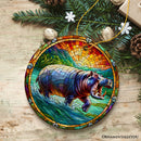 Mighty Hippopotamus Stained Glass Style Ceramic Ornament, African Animals Christmas Gift and Decor