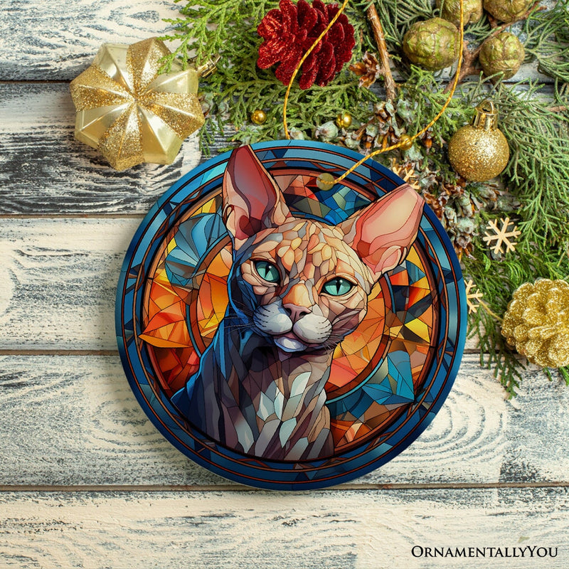 Mystical Feline Bewitching Cat Stained Glass Style Ceramic Ornament, Halloween Themed Christmas Gift and Decor