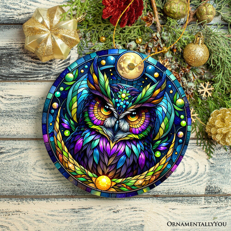 Nocturnal Enchanter Mysterious Owl Stained Glass Style Ceramic Ornament, Halloween Themed Christmas Gift and Decor