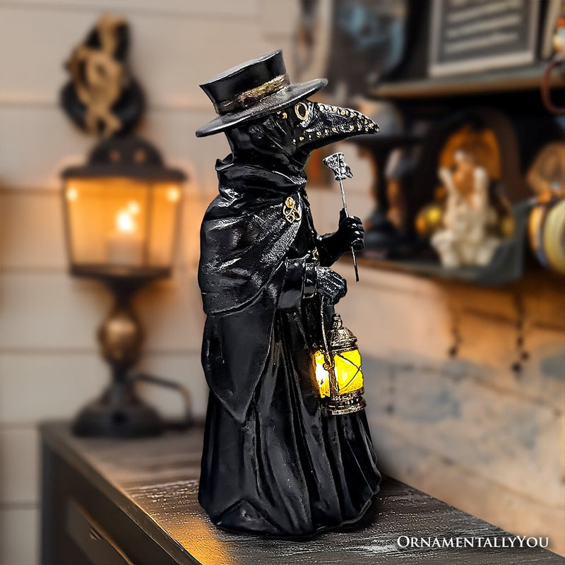 Plague Doctor Creepy Home Figurine, 8" LED Haunted Halloween House Statue