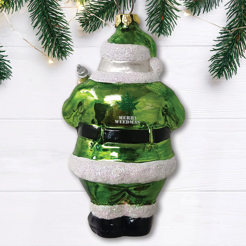 (Pre-Order) Pothead Santa Glass Christmas Ornament, Merry Weedmas Funny Pot Decoration