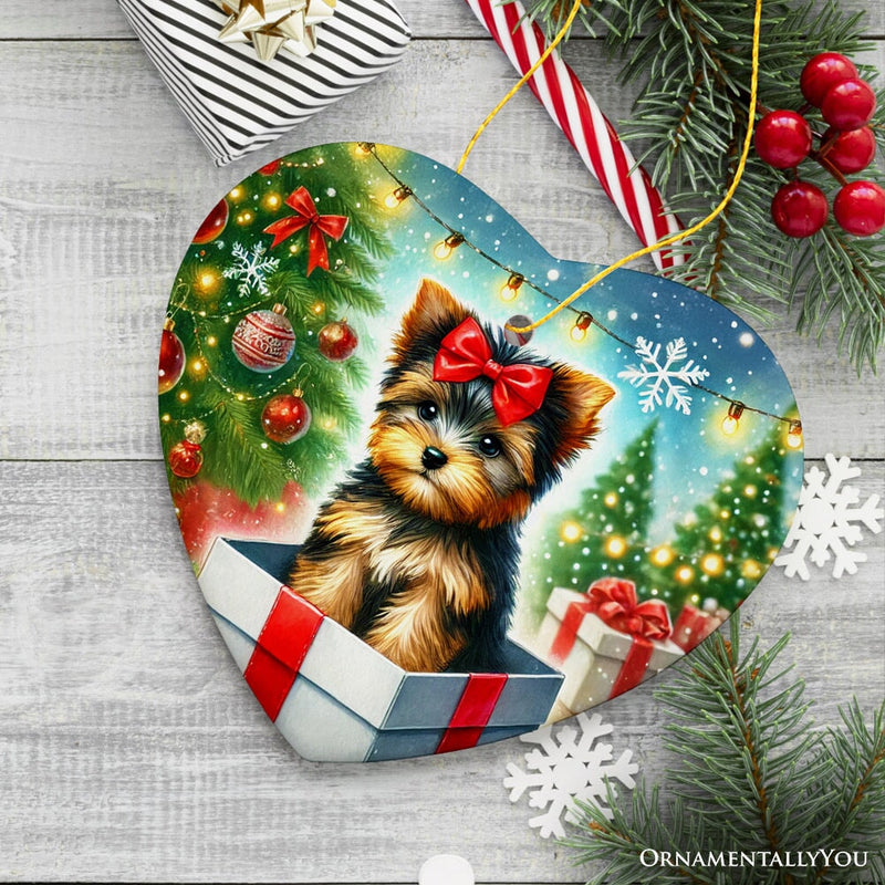Precious Yorkshire Terrier Christmas Gift Ornament, Sweet Holiday Scene Decor